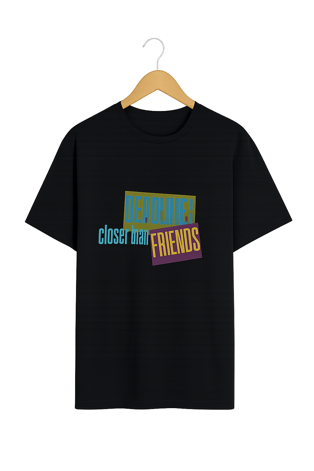 Black t-shirt with colorful text design on a hanger against a white background