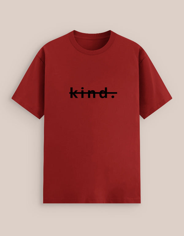 Red t-shirt with 'kind.' text on a beige background