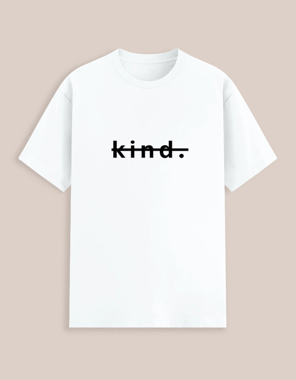 White t-shirt with 'kind.' text on a beige background