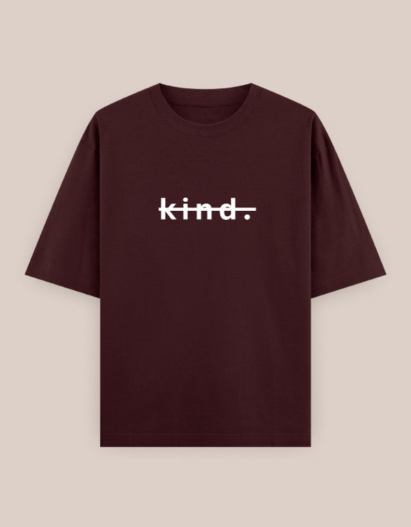 Brown t-shirt with 'kind.' text on a beige background