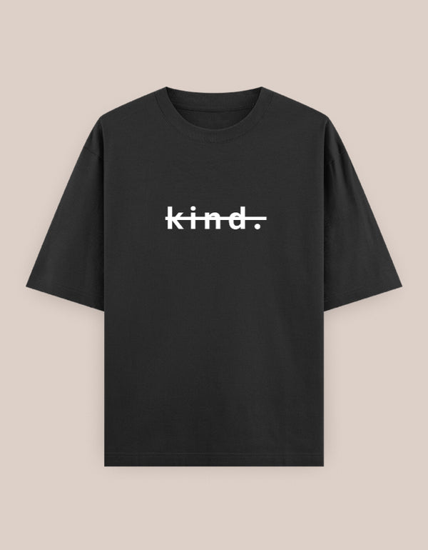 Black t-shirt with 'kind.' text on a beige background