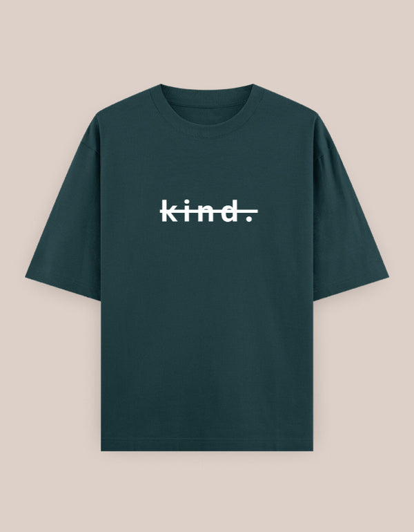 Dark green t-shirt with 'kind.' text on a beige background