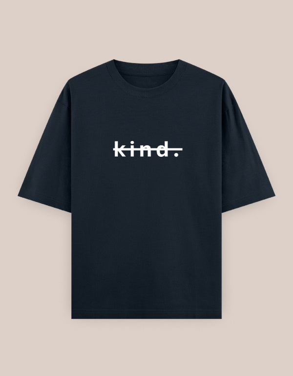 Black t-shirt with 'kind.' text on a beige background