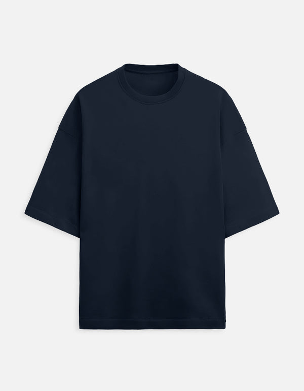 Navy blue t-shirt on a light gray background