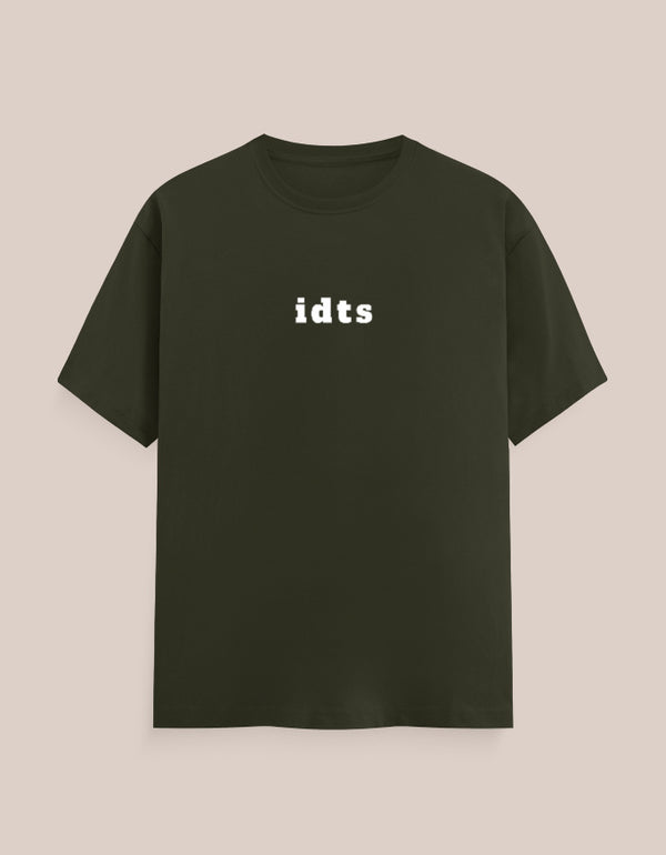 Black t-shirt with 'idts' text on a beige background