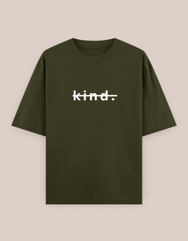 Green t-shirt with 'kind.' text on a beige background