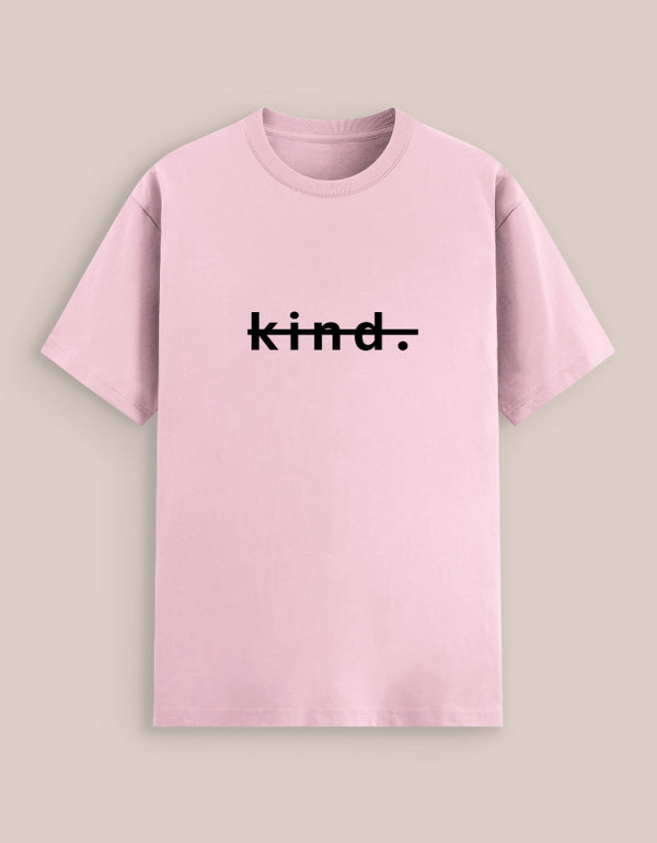 Pink t-shirt with 'kind.' text on a beige background
