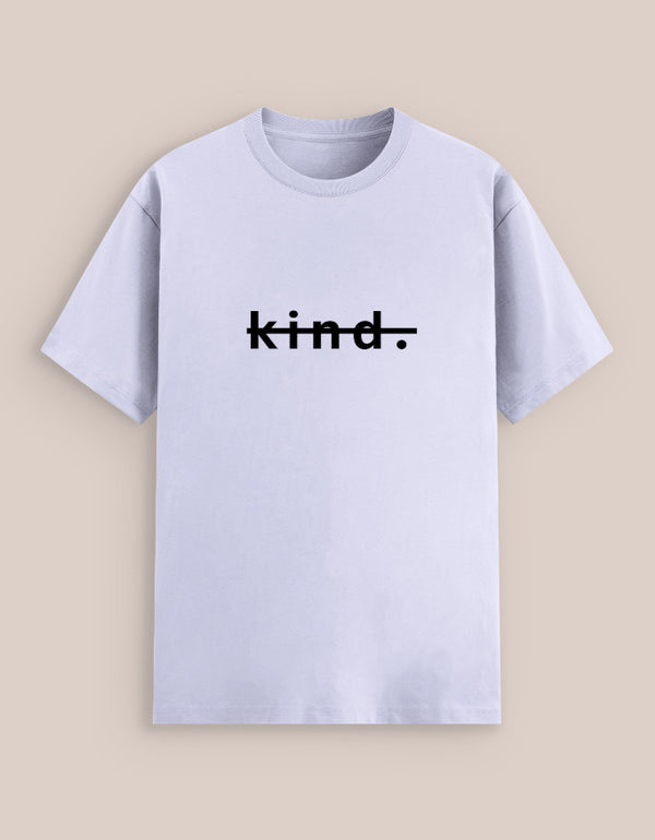 White t-shirt with 'kind.' text on a beige background