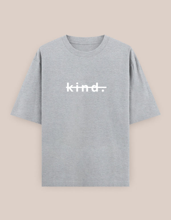 Gray t-shirt with 'kind.' text on a beige background