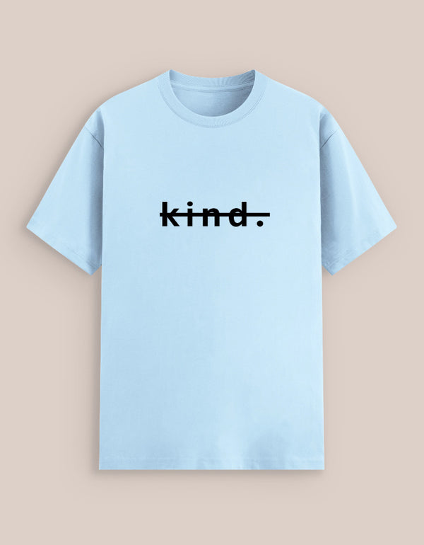 Light blue t-shirt with 'kind.' text on a beige background