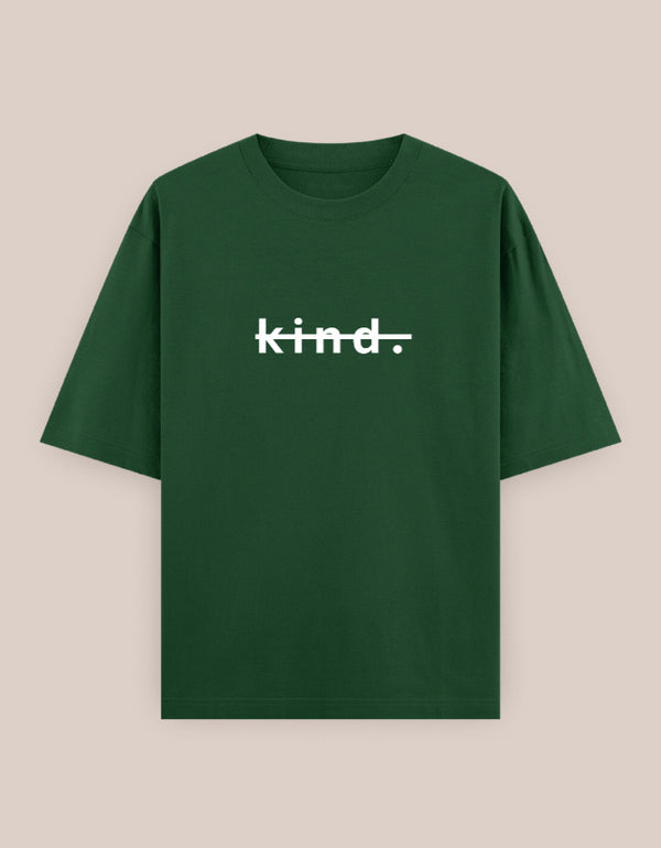 Green t-shirt with 'kind.' text on a beige background