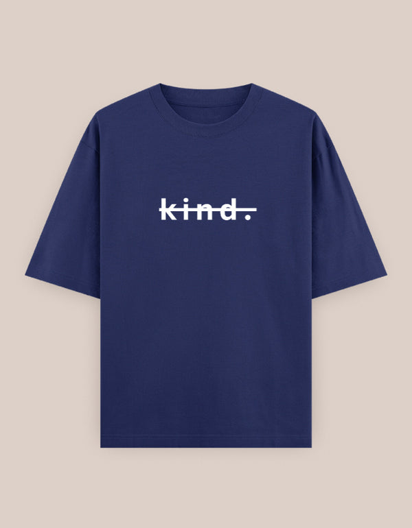 Navy blue t-shirt with 'kind.' text on a beige background
